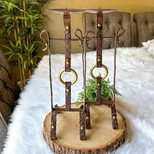 Candle Holder Country Rustic Farmhouse Metal Bridle Strap Reins Pillar Stand Set